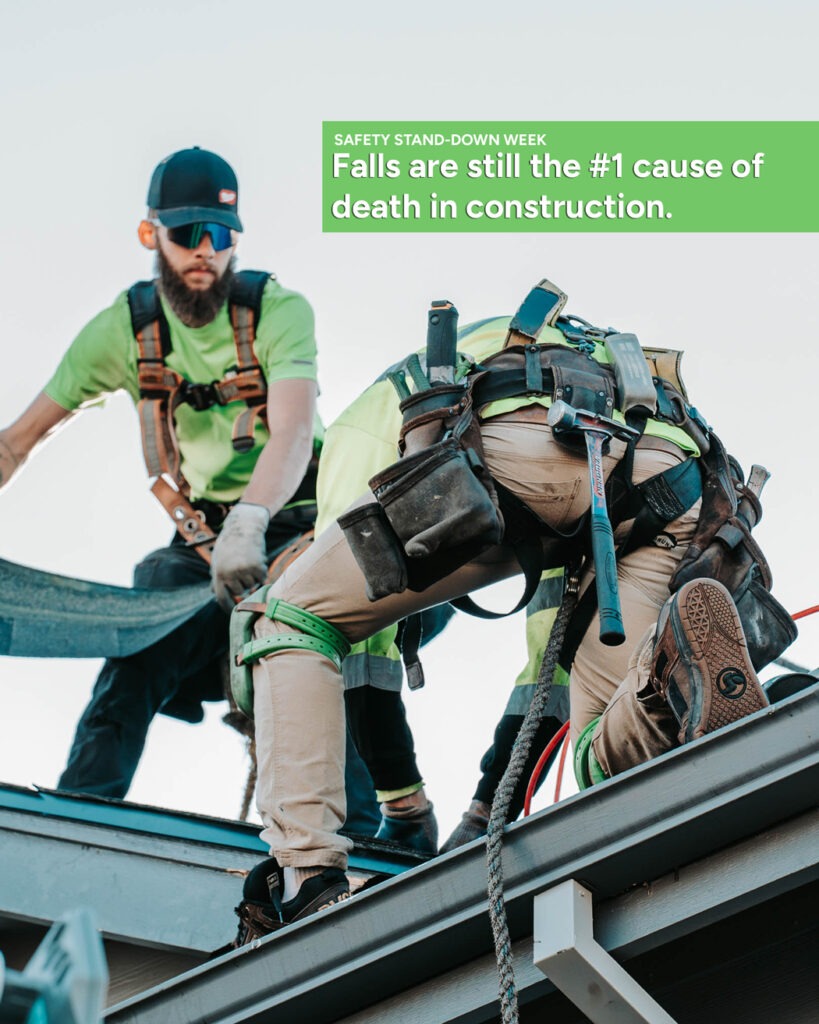 Roofing contractor using fall protection during Safety Stand-Down Week