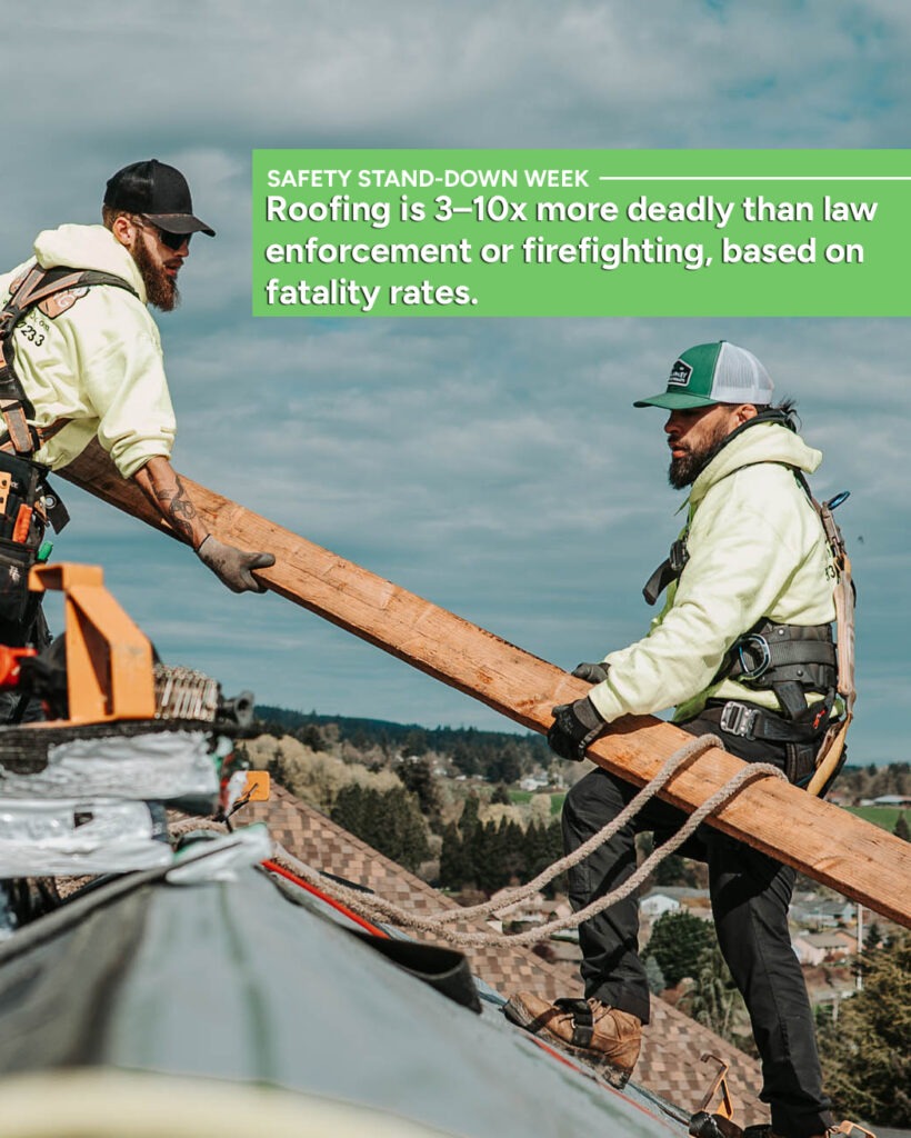 roofer wearing harness and using fall protection system on residential roof