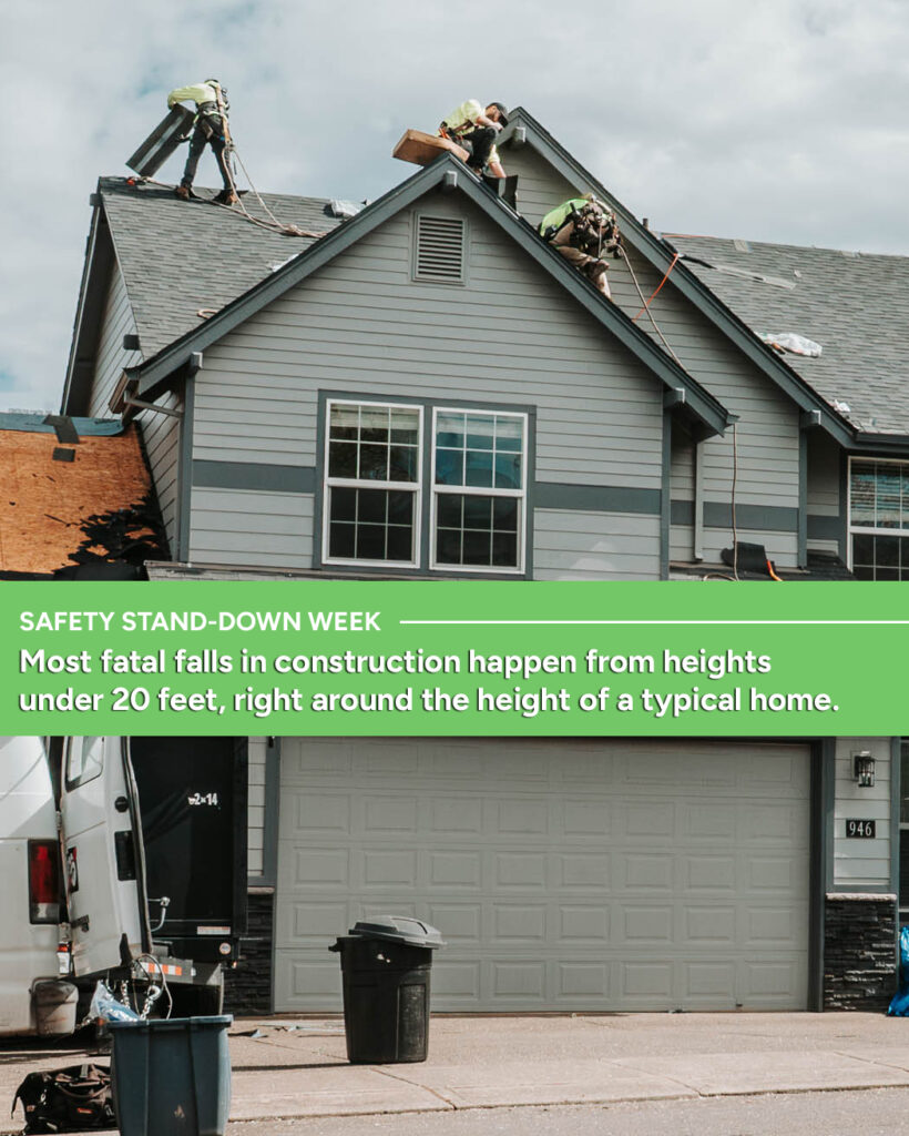 roofers working on residential roof highlighting fall risks during safety stand down week