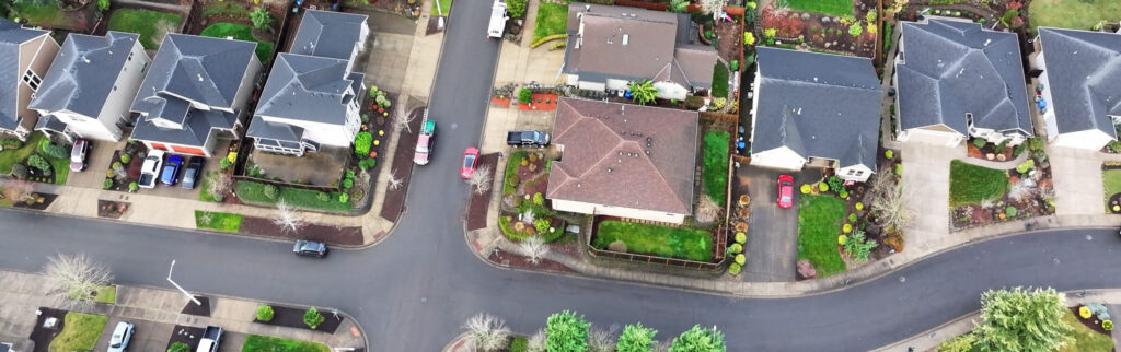 Roofing Services in Salem Oregon Moss Boss Roofing Salem Oregon Aerial view of residential roofs in Salem, Oregon