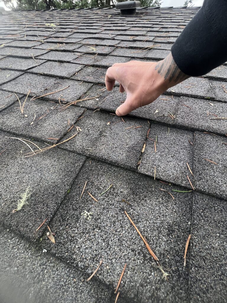 A hand lifting the edge of an asphalt shingle during a roof assessment